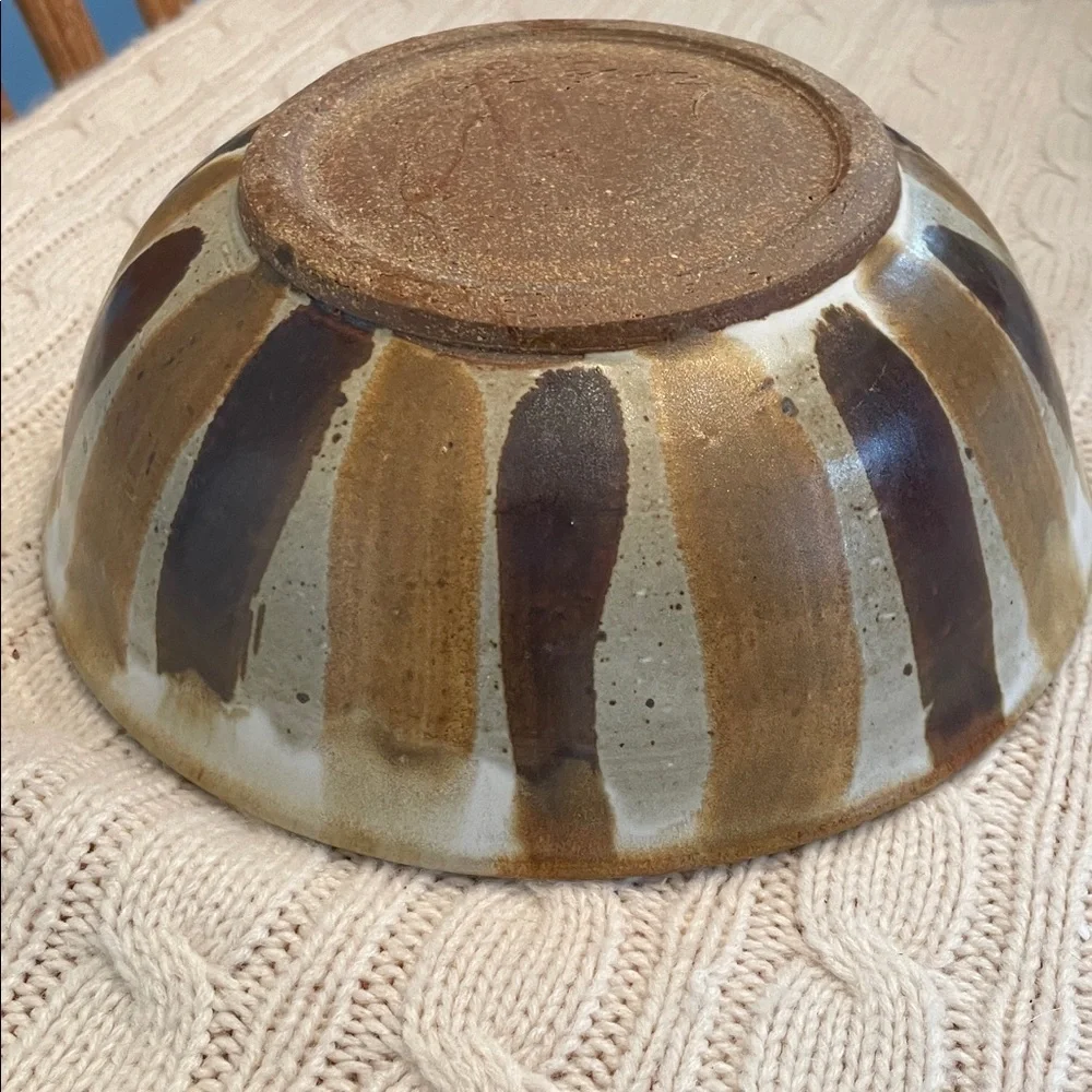 Glazed signed pottery bowl kiln fired beige/tans/browns